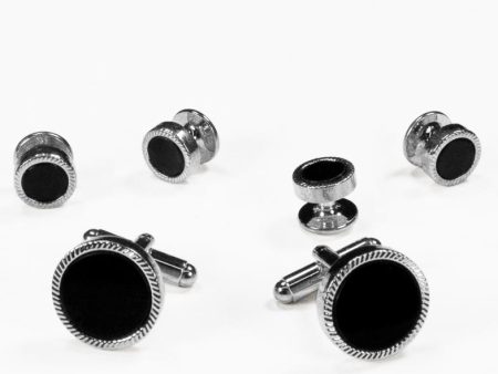 Black Circular Onyx with Silver Feather Cut Edge Studs and Cufflinks Set Online Hot Sale