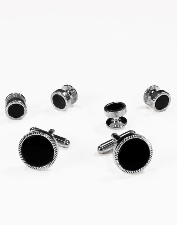 Black Circular Onyx with Silver Feather Cut Edge Studs and Cufflinks Set Online Hot Sale