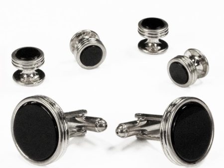 Black Circular Onyx with Silver Concentric Circles Studs and Cufflinks Set Online now