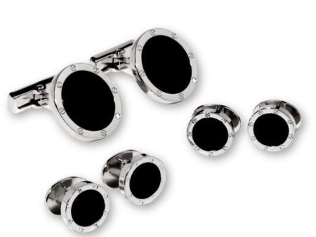 Black Onyx in Silver Screwhead Setting Studs & Cufflinks Set For Cheap