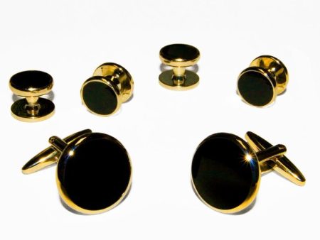 Black Circular Enamel in Gold Setting Studs & Cufflinks Set Online Sale