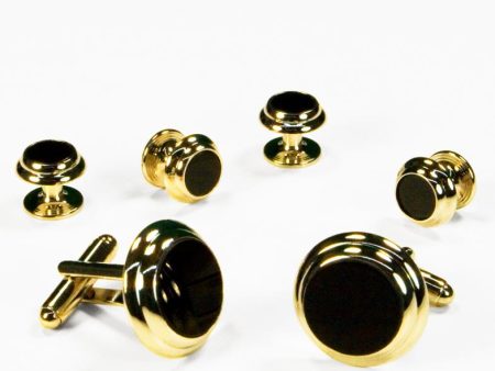 Black Circular Onyx with Gold Double Edge Concentric Circles Studs and Cufflinks Set Online now