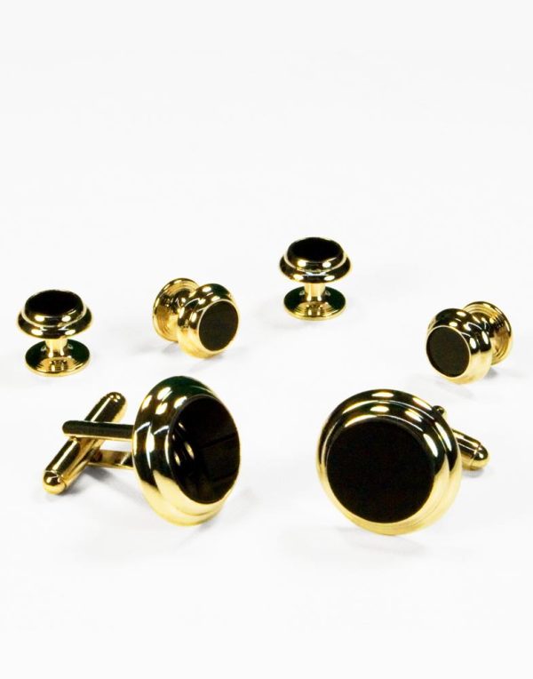 Black Circular Onyx with Gold Double Edge Concentric Circles Studs and Cufflinks Set Online now