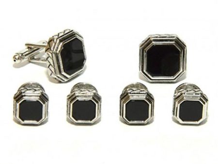 Black Octagon Onyx in Antique Silver Setting Studs & Cufflinks Set Hot on Sale