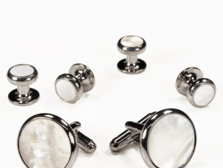 White Mother of Pearl in Silver Setting Studs & Cufflinks Set Online now