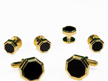 Black Octagon Onyx with Gold Edge Studs and Cufflinks Set Supply