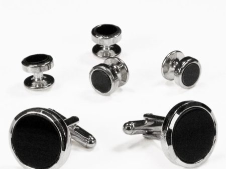 Black Circular Onyx with Silver Facet Cut Edge Studs and Cufflinks Set Cheap