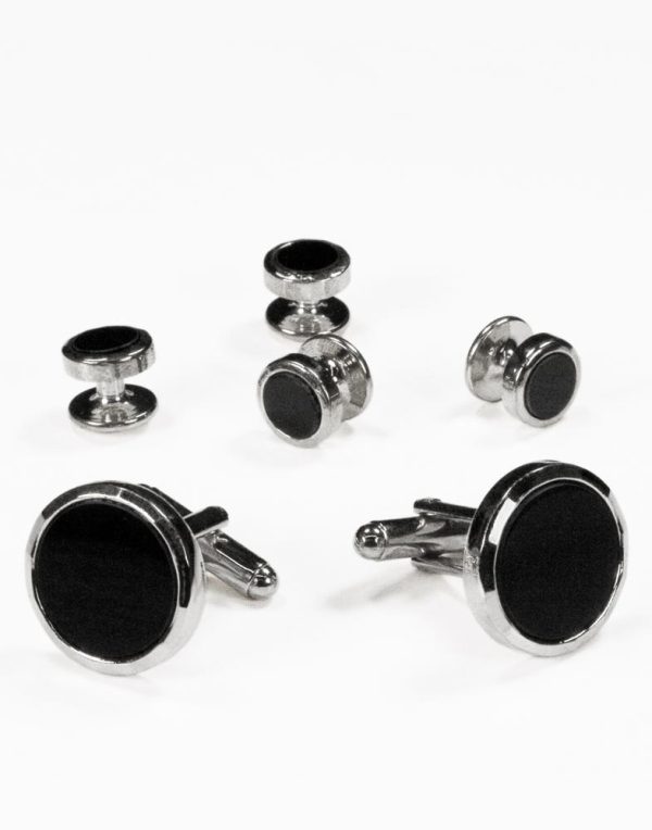 Black Circular Onyx with Silver Facet Cut Edge Studs and Cufflinks Set Cheap