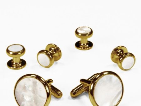 White Mother of Pearl in Gold Setting Studs & Cufflinks Set Online now