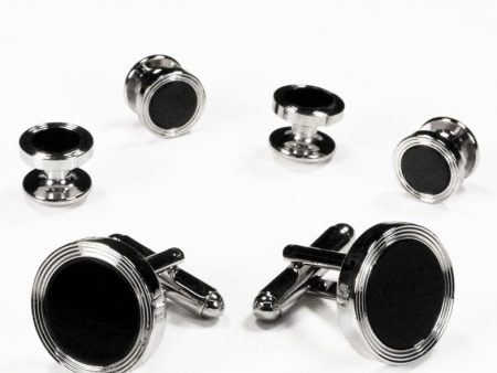 Black Circular Onyx with Silver Edge Concentric Circles Studs and Cufflinks Set Online now