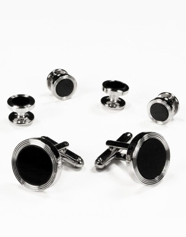 Black Circular Onyx with Silver Edge Concentric Circles Studs and Cufflinks Set Online now