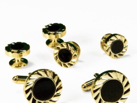 Black Circular Onyx with Gold Fan Cut Edge Studs and Cufflinks Set Fashion