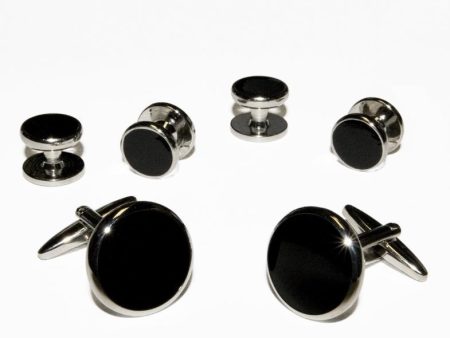 Black Circular Enamel in Silver Setting Studs & Cufflinks Set Discount