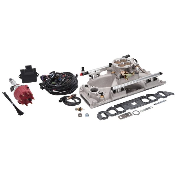 Edelbrock Pro Flo 4 Fuel Inject Kit Seq Port BBC Oval Port 850 Max HP 60 LbHr Injec Satin w o Tablet Supply